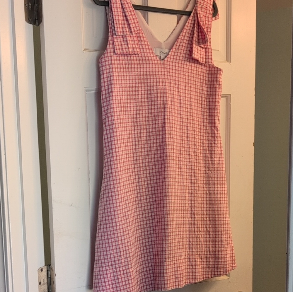 CeCe Pink and White Gingham V-Neck Dress